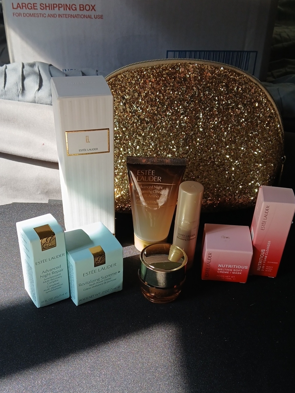 Estee Lauder Skincare Bundle Of Minis with Gold Glitter Cosmetic Bag New